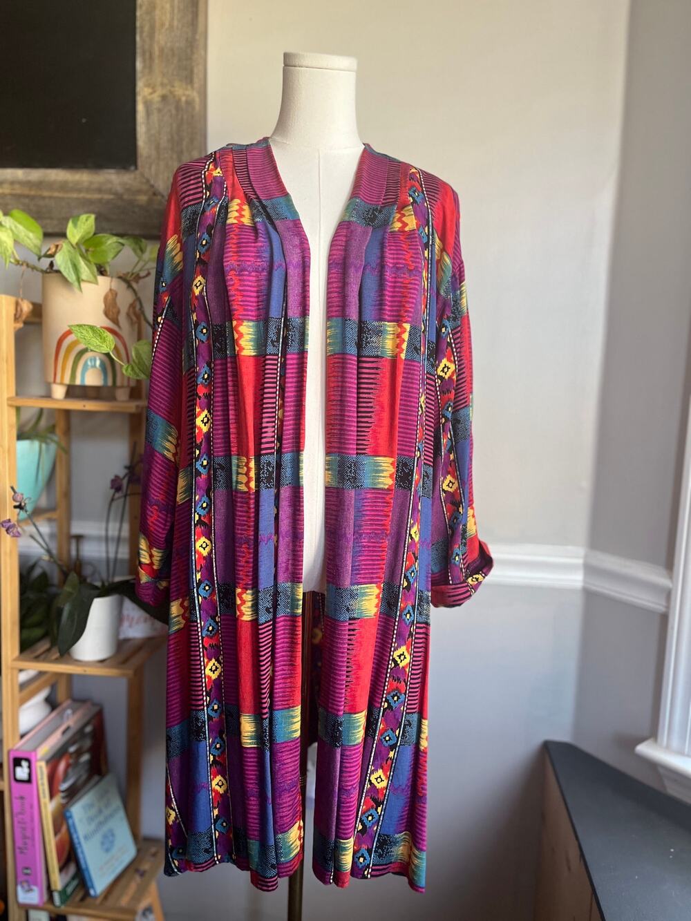 Vintage 90s Tunic Blouse Open Front Southwestern Colorful Rayon Size 2X
